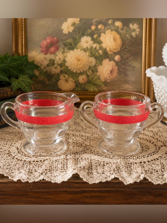 Other - Kent Glass Sugar Bowl & Creamer Set w/ Textured Red Stripe & Gold Band 1950s
